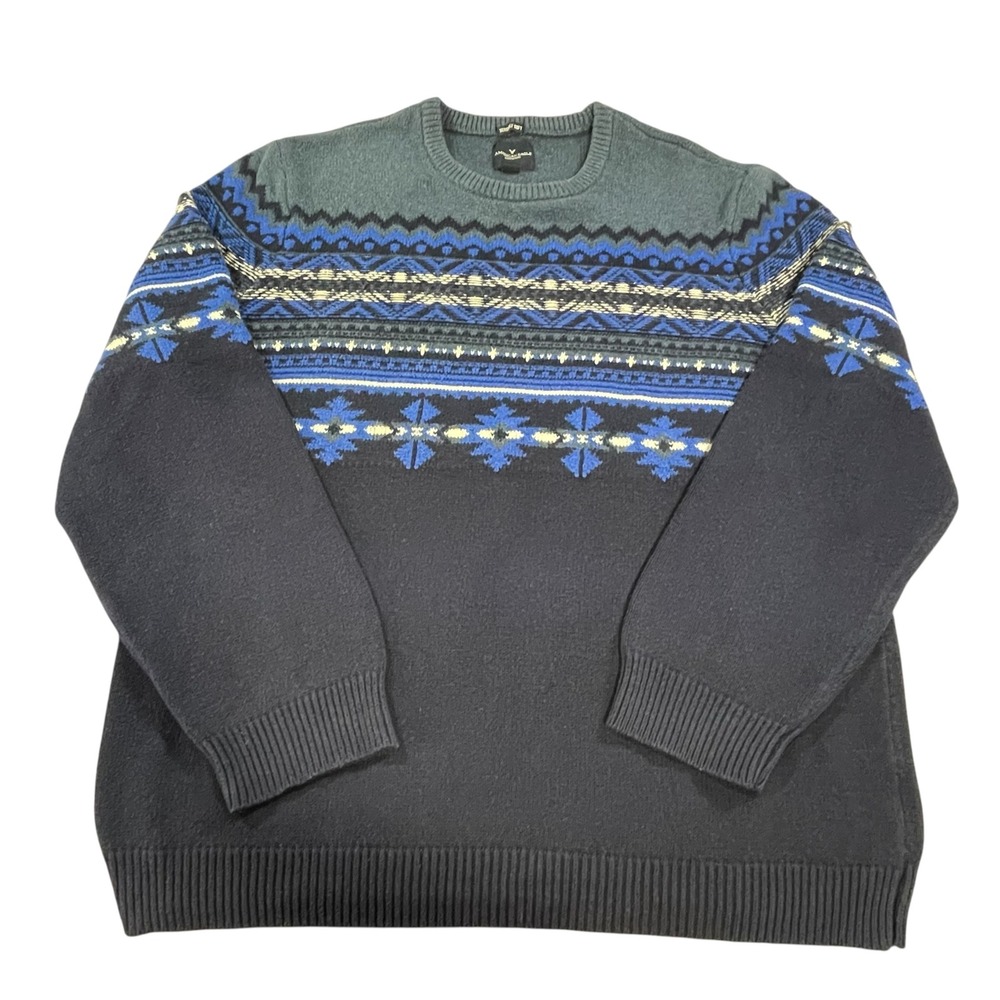 American Eagle Mens XLT Fair Isle Crewneck Sweater Navy Blue Grey Seriously Soft